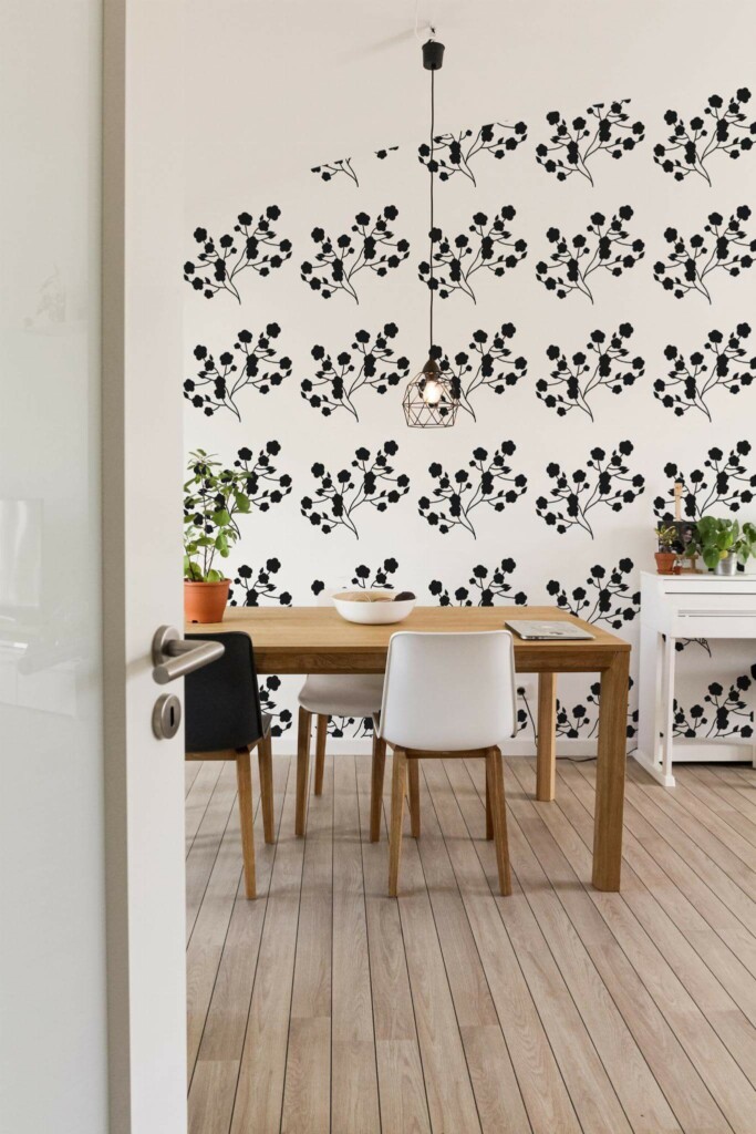 Minimal farmhouse style dining room decorated with Floral peel and stick wallpaper