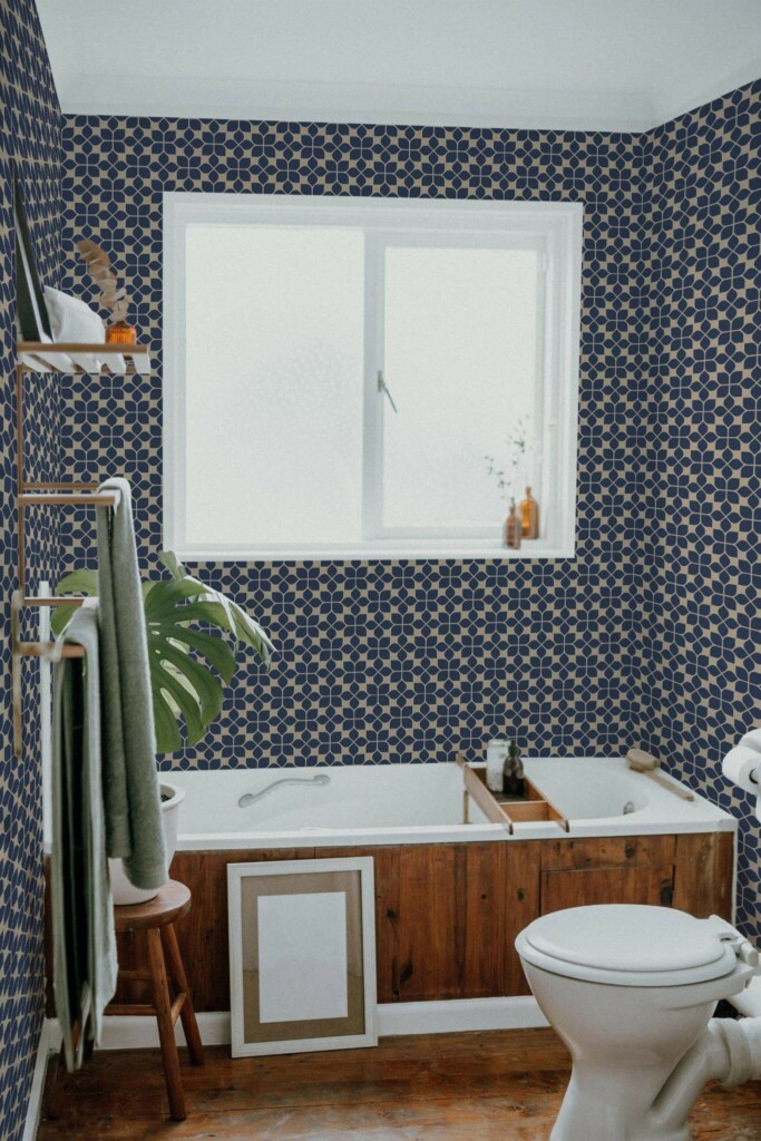 Boho farmhouse style bathroom decorated with Floral tile peel and stick wallpaper