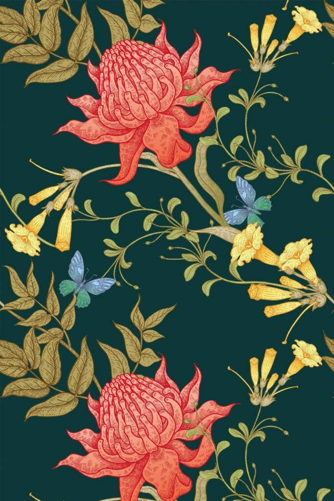 Pattern repeat of Floral vintage removable wallpaper design
