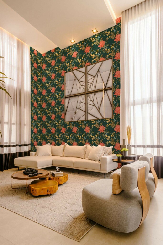 Contemporary style living room decorated with Floral vintage peel and stick wallpaper