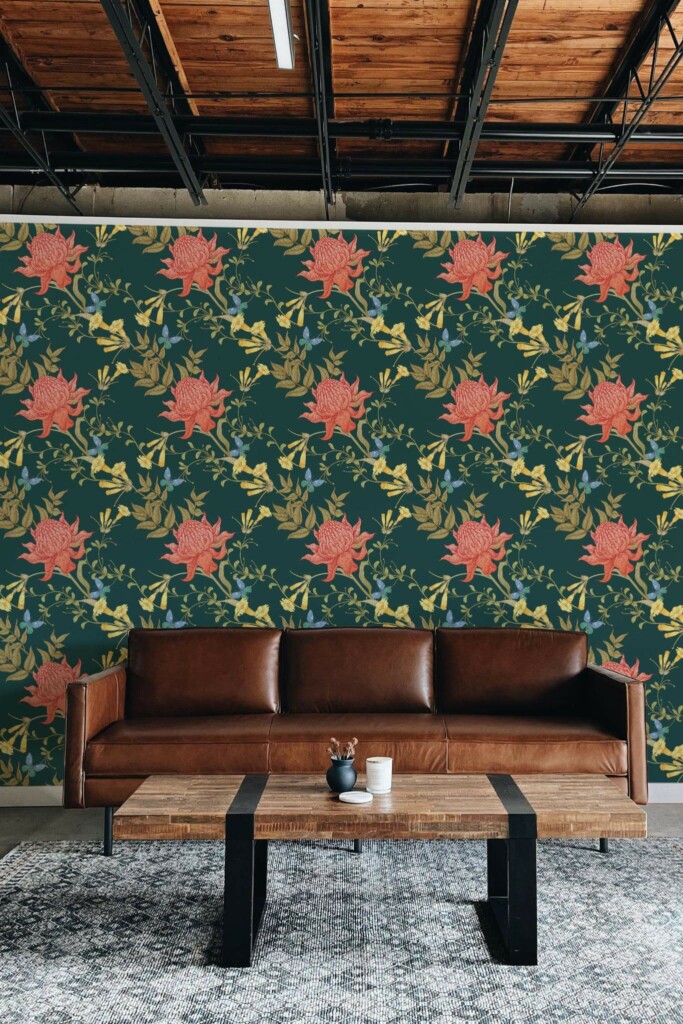 Industrial rustic style living room decorated with Floral vintage peel and stick wallpaper