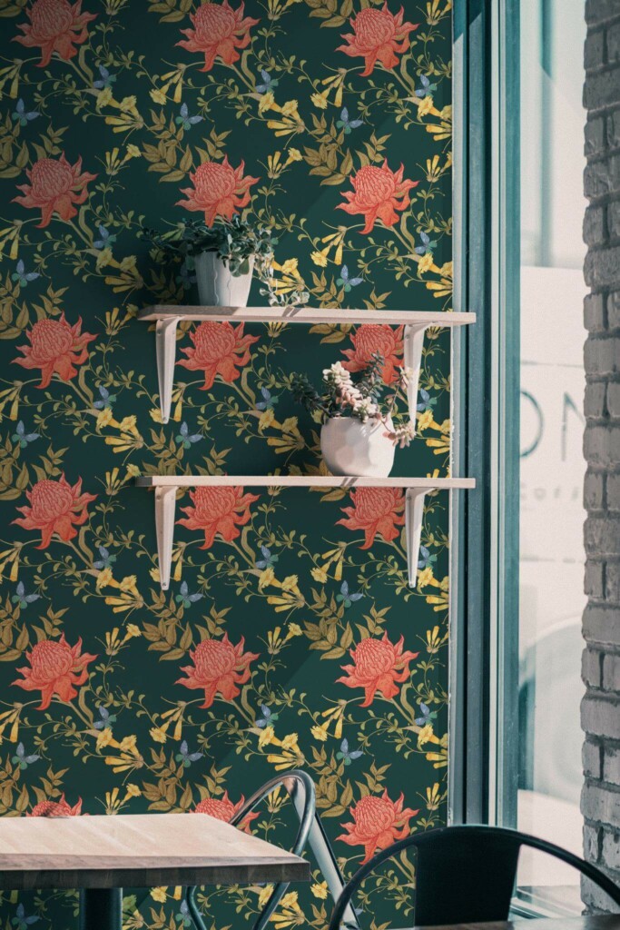 Industrial style cafe decorated with Floral vintage peel and stick wallpaper