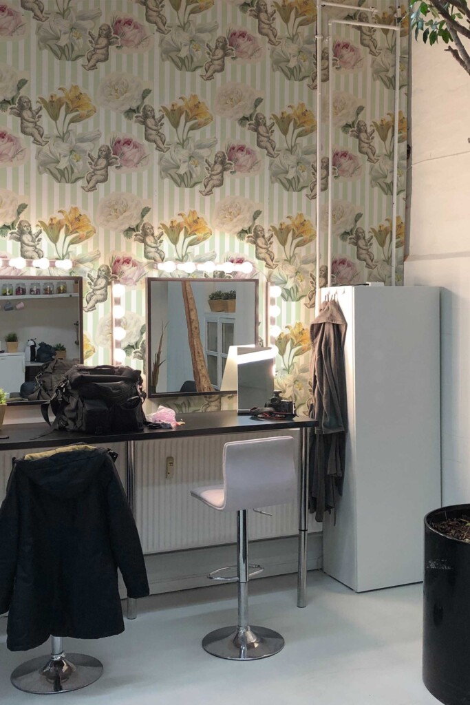 Fancy Walls self-adhesive wallpaper in vintage sage green with floral angels