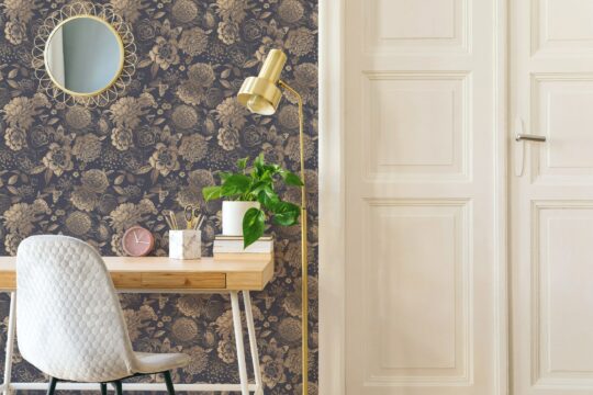 Dark blue and beige floral peel and stick wallpaper