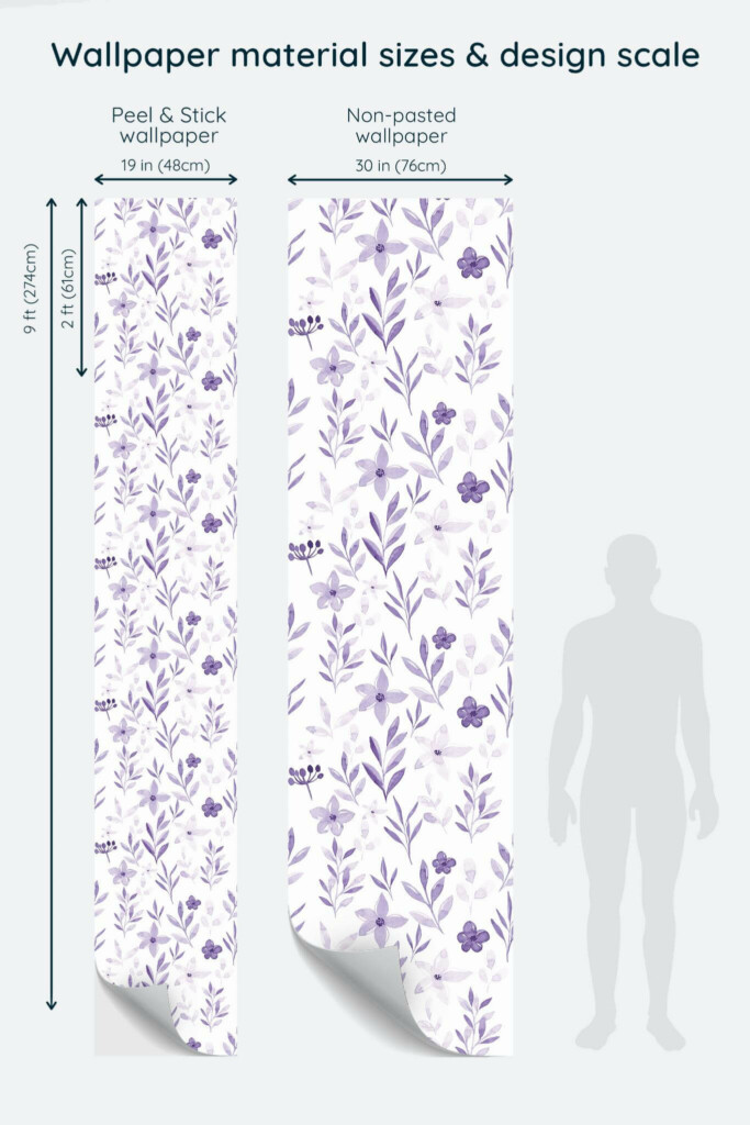 Size comparison of Floral Peel & Stick and Non-pasted wallpapers with design scale relative to human figure