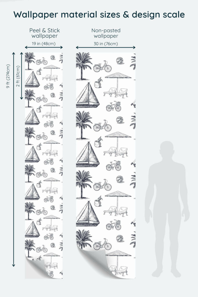 Size comparison of Florida toile Peel & Stick and Non-pasted wallpapers with design scale relative to human figure
