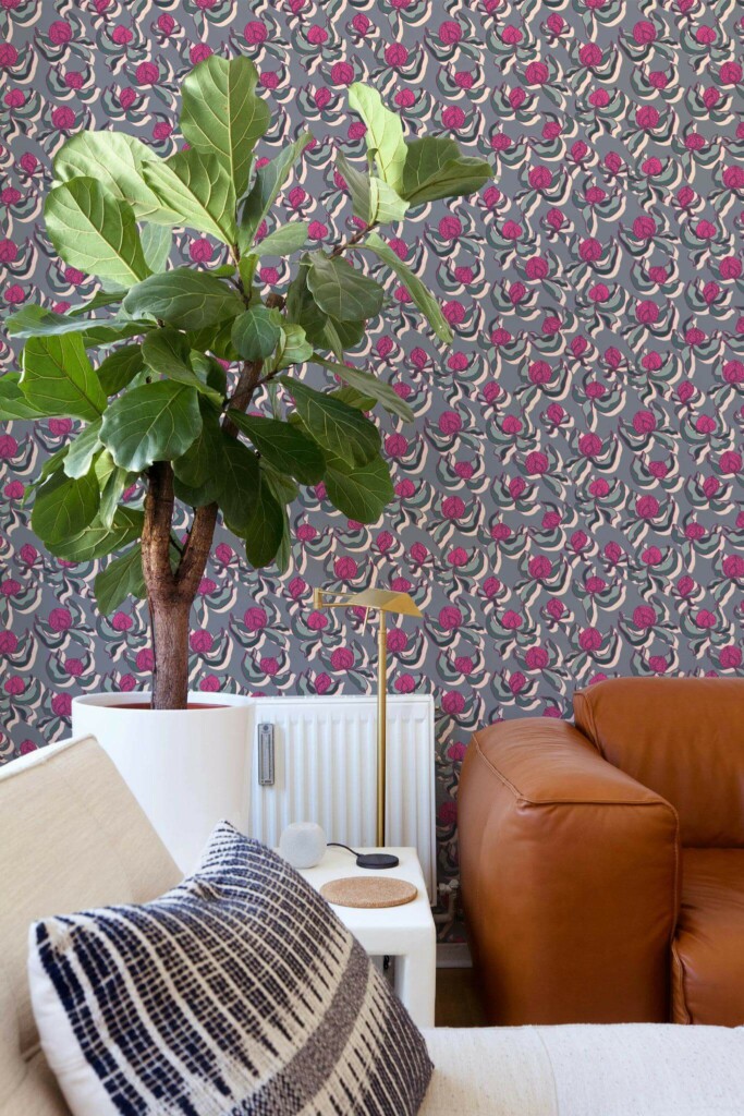 Mid-century style living room decorated with Flower bud peel and stick wallpaper