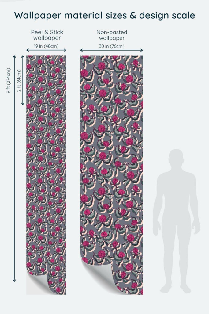 Size comparison of Flower bud Peel & Stick and Non-pasted wallpapers with design scale relative to human figure