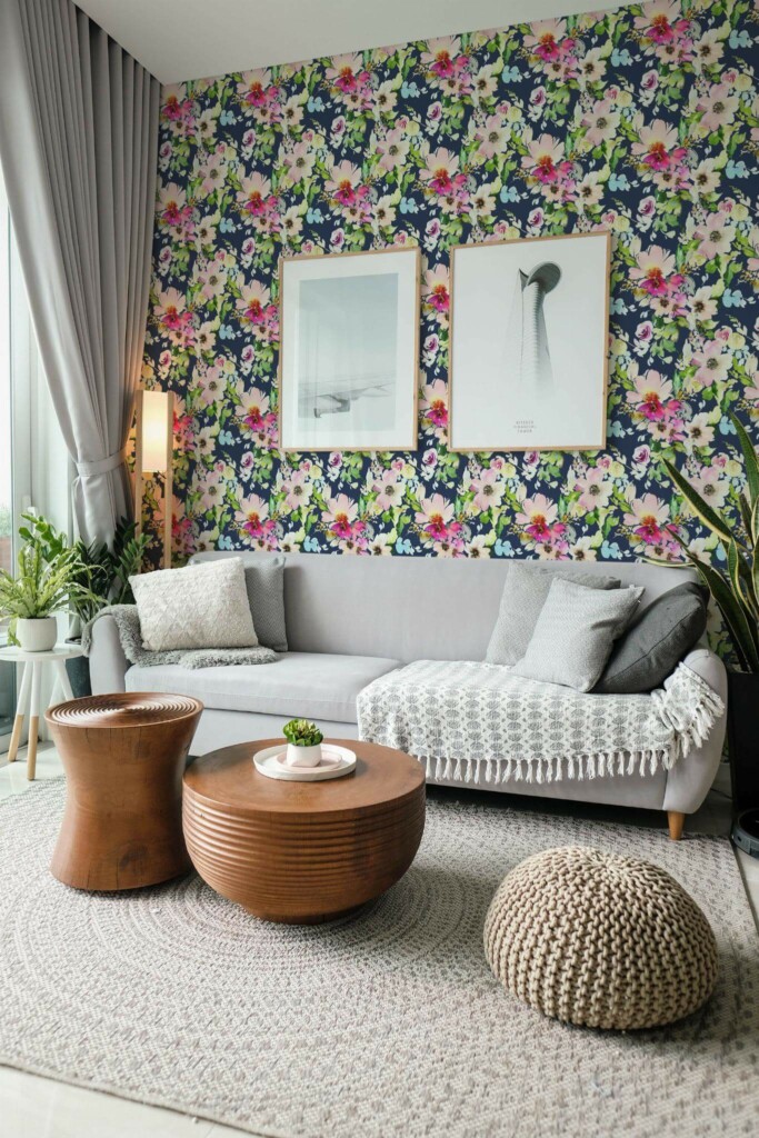 Modern scandinavian style living room decorated with Flowers peel and stick wallpaper and green plants