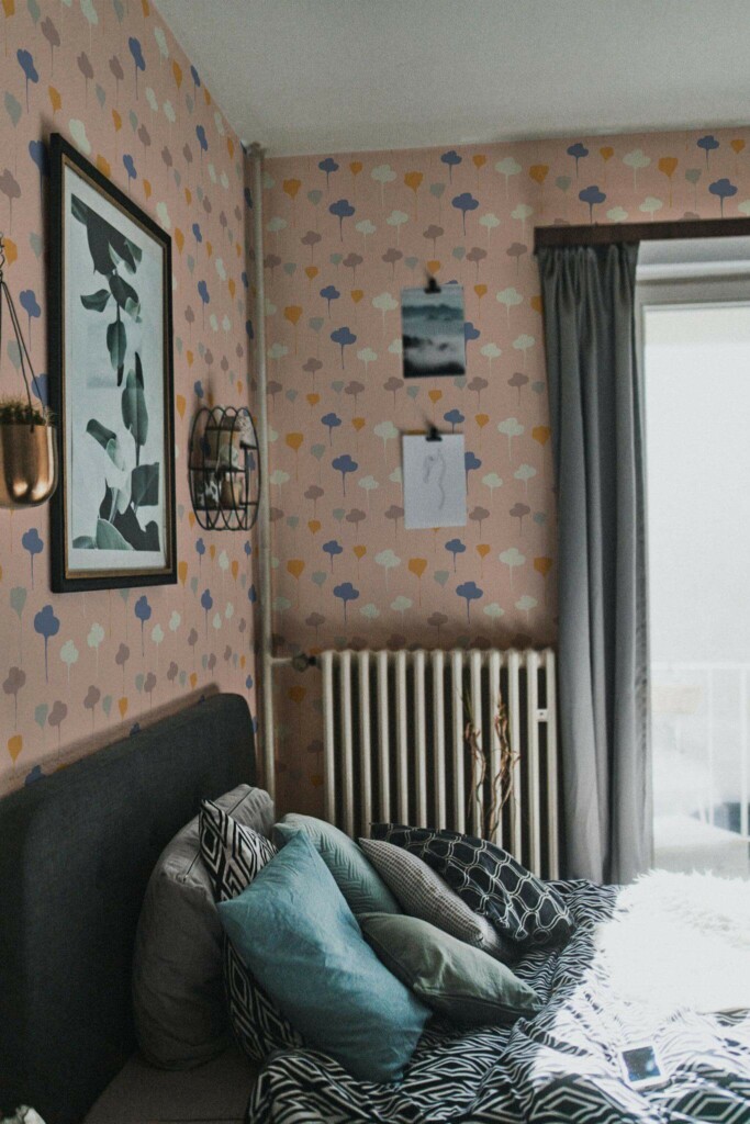 Dark scandinavian style bedroom decorated with Flowers seamless pattern peel and stick wallpaper
