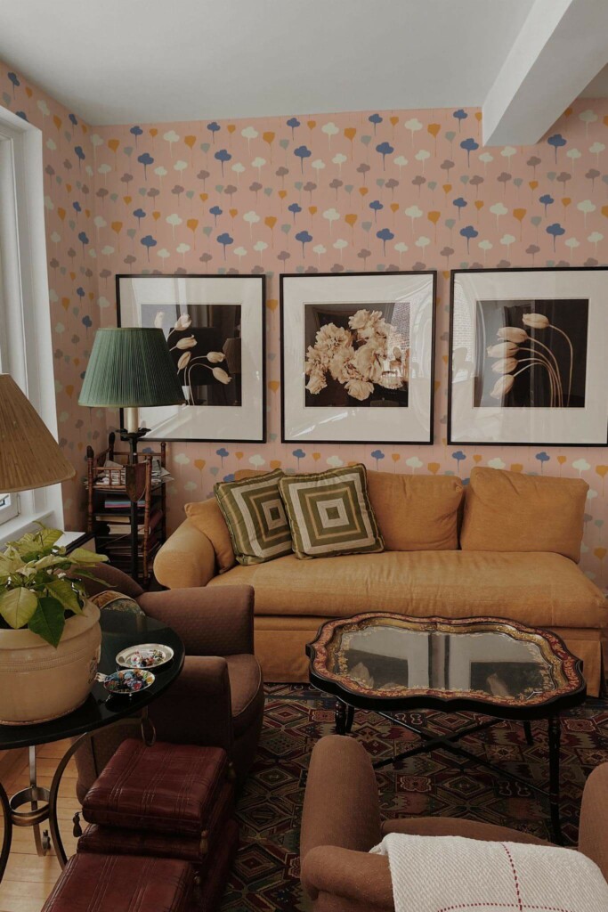 Mid-century eclectic style living room decorated with Flowers seamless pattern peel and stick wallpaper
