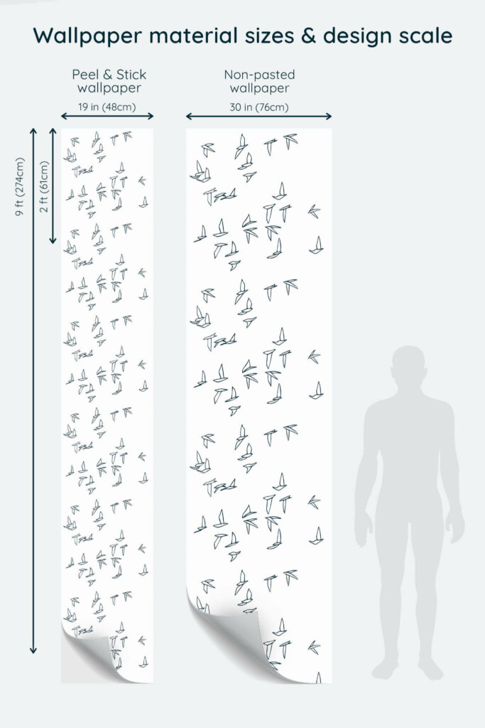 Size comparison of Flying birds Peel & Stick and Non-pasted wallpapers with design scale relative to human figure