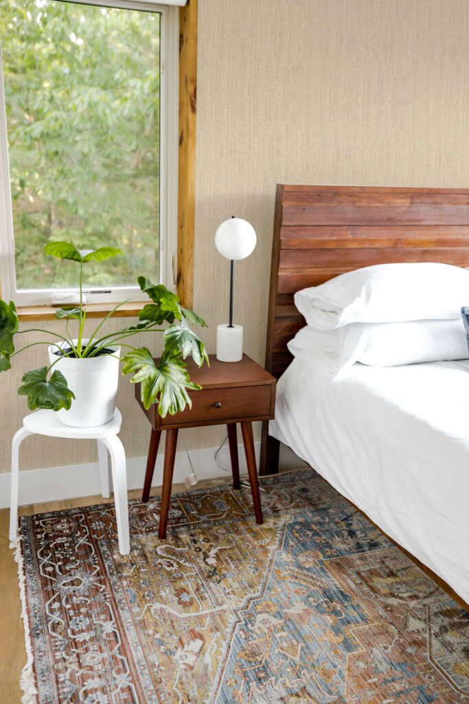 Boho-inspired bedroom with large windows, wood headboard, white bedding, and indoor plants, featuring the natural woven look of Sand Retro Talbott Grasscloth wallpaper. The soft tan tones create a peaceful backdrop. Fancy Walls removable peel and stick or non-pasted wallpaper.