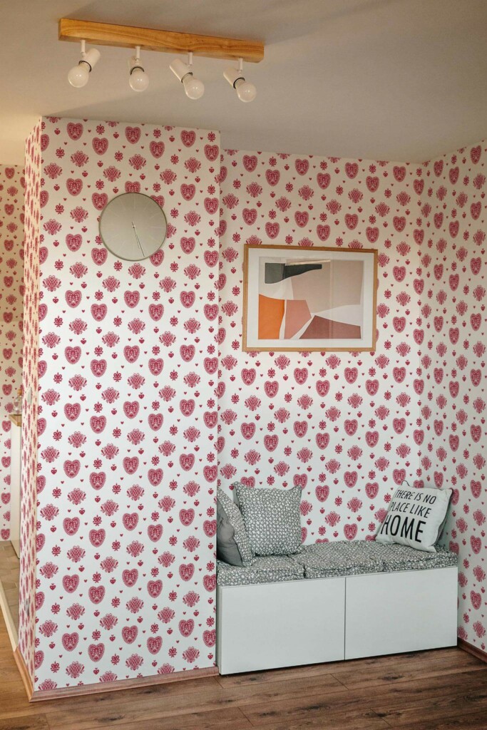 Scandinavian style entryway decorated with Folk heart pattern peel and stick wallpaper
