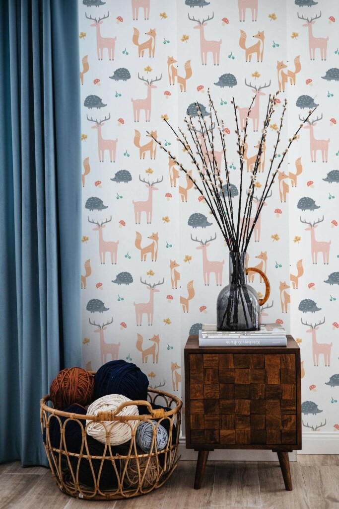 Coastal style living room decorated with Forest animal pattern peel and stick wallpaper