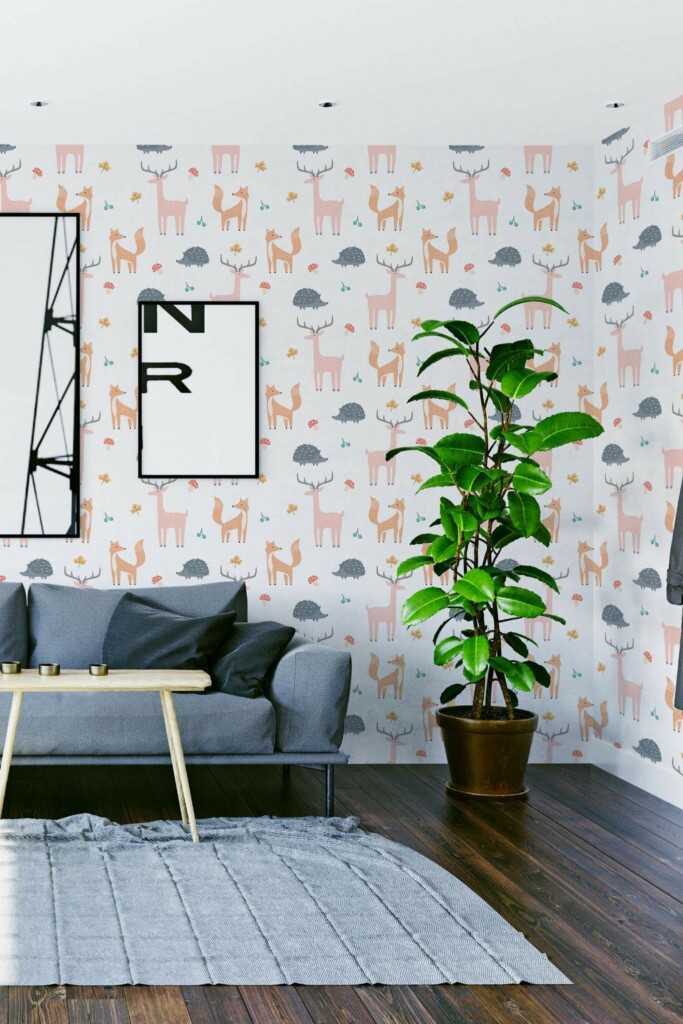 Modern scandinavian style living room decorated with Forest animal pattern peel and stick wallpaper