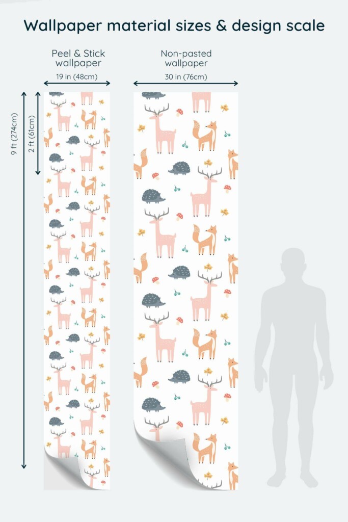 Size comparison of Forest animal Peel & Stick and Non-pasted wallpapers with design scale relative to human figure