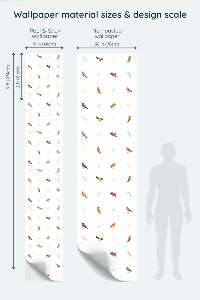 Size comparison of Forest bird Peel & Stick and Non-pasted wallpapers with design scale relative to human figure