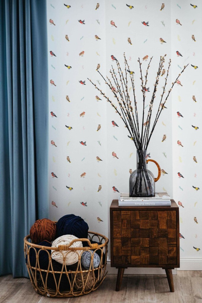 Coastal style living room decorated with Forest birds peel and stick wallpaper