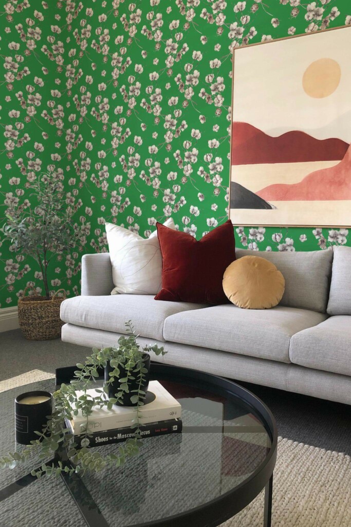 Boho style living room decorated with Forest green cotton peel and stick wallpaper