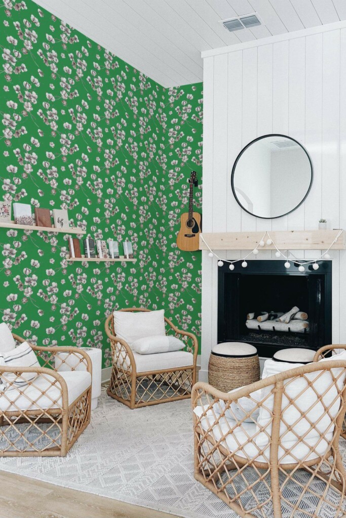 Minimal bohemian style living room decorated with Forest green cotton peel and stick wallpaper