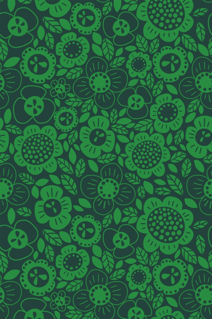 Pattern repeat of Forest green flowers removable wallpaper design