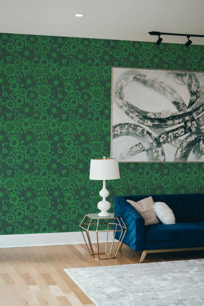 Modern style living room decorated with Forest green flowers peel and stick wallpaper