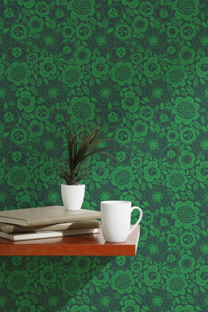 Scandinavian style accent wall decorated with Forest green flowers peel and stick wallpaper