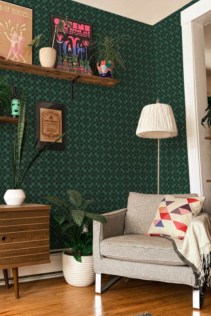 Eclectic style living room decorated with Forest green tile peel and stick wallpaper
