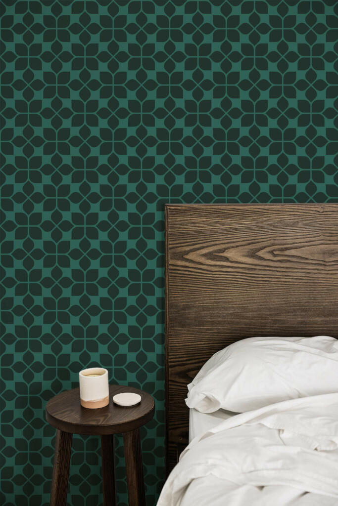 Farmhouse style bedroom decorated with Forest green tile peel and stick wallpaper