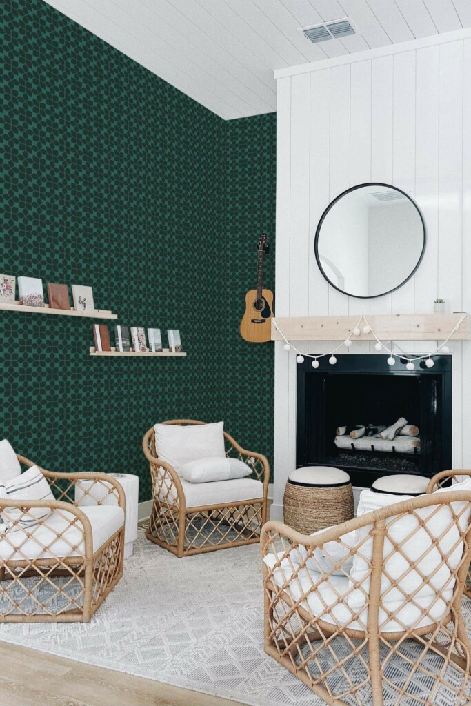 Minimal bohemian style living room decorated with Forest green tile peel and stick wallpaper
