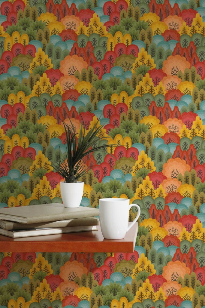 Scandinavian style accent wall decorated with Forest in fall peel and stick wallpaper
