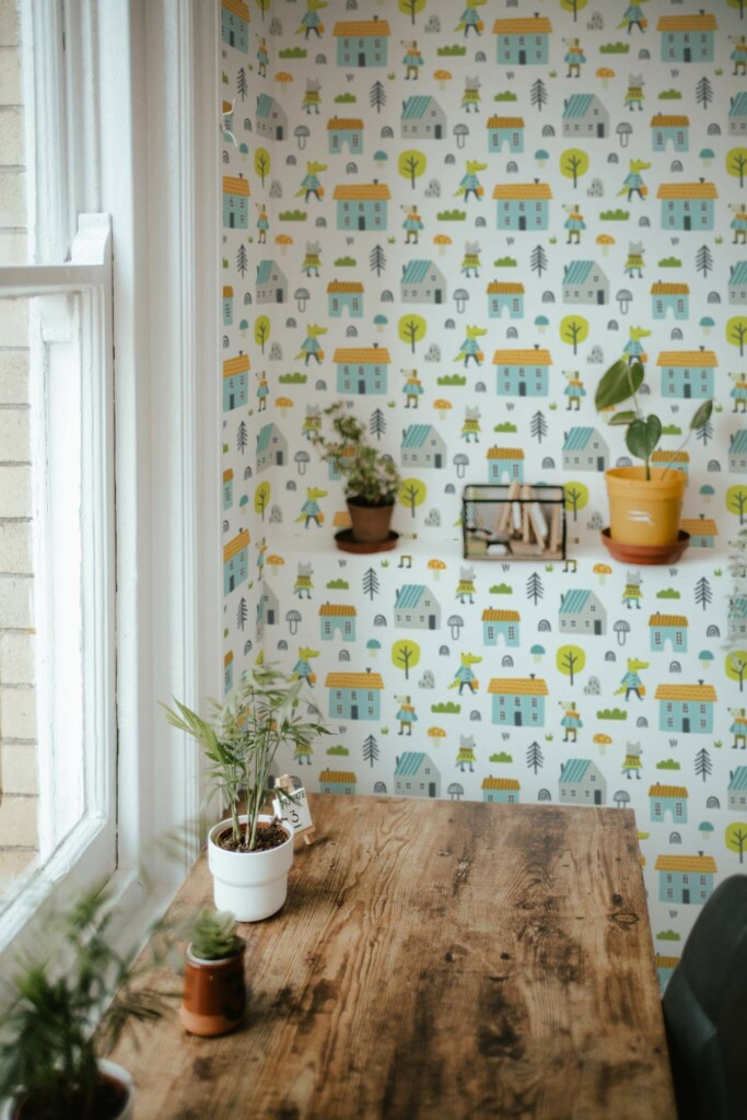 Farmhouse style home office decorated with Forest life peel and stick wallpaper