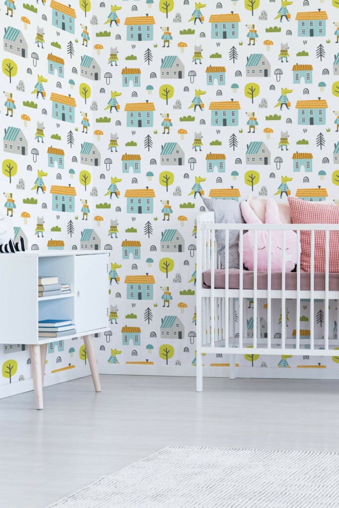 Minimal girly style nursery decorated with Forest life peel and stick wallpaper