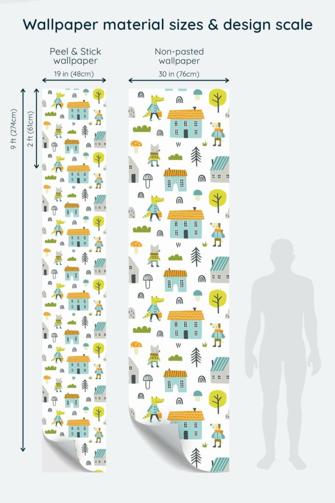 Size comparison of Forest life Peel & Stick and Non-pasted wallpapers with design scale relative to human figure