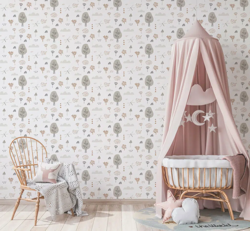 Sweet Girls Nursery with Floral Wallpaper  Traditional  Nursery
