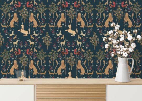 forest navy blue traditional wallpaper