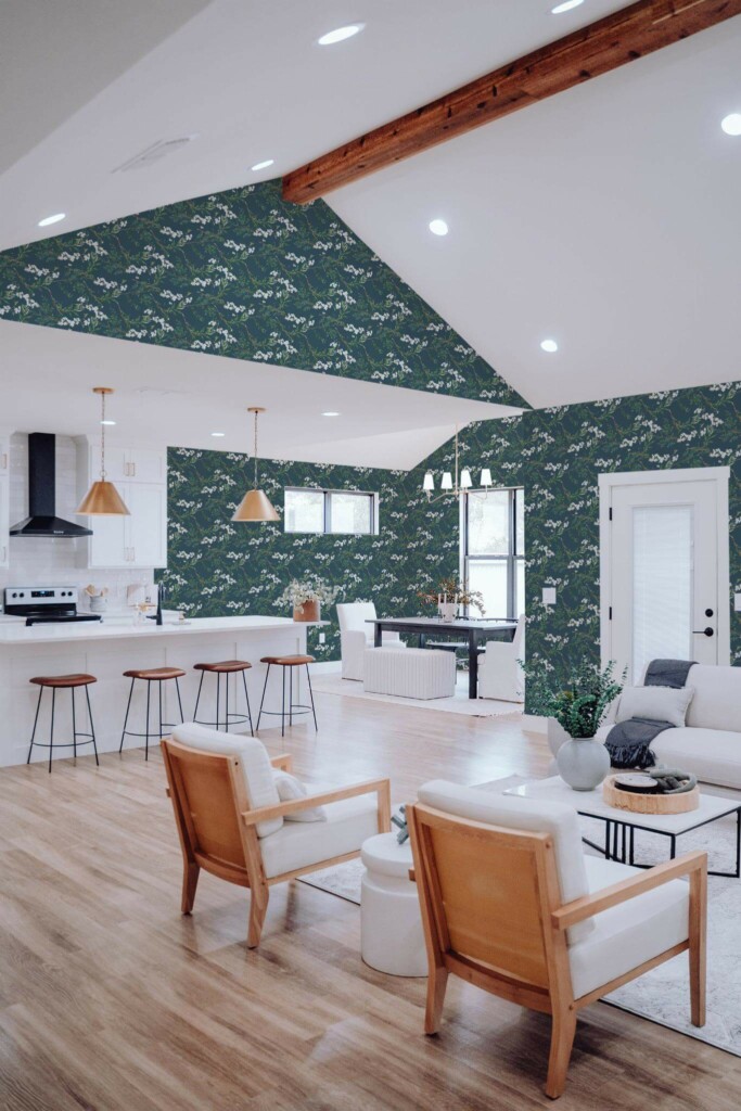 Contemporary style living room and kitchendecorated with Forest peel and stick wallpaper