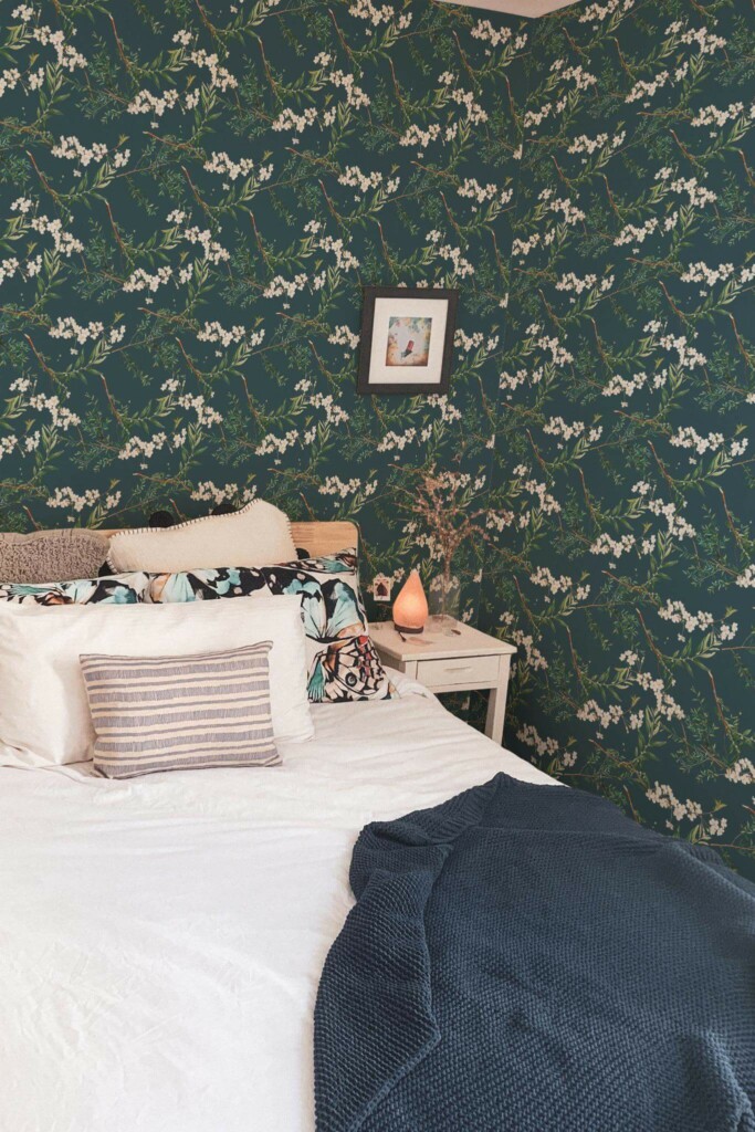 Minimal boho style bedroom decorated with Forest peel and stick wallpaper
