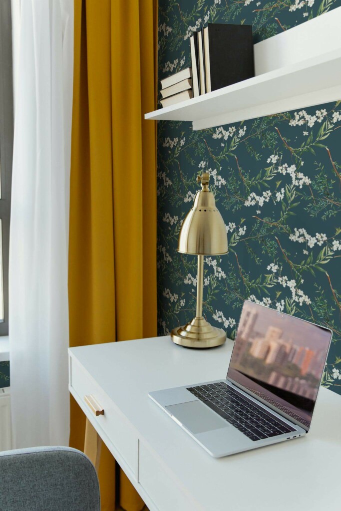 Scandinavian style home office decorated with Forest peel and stick wallpaper