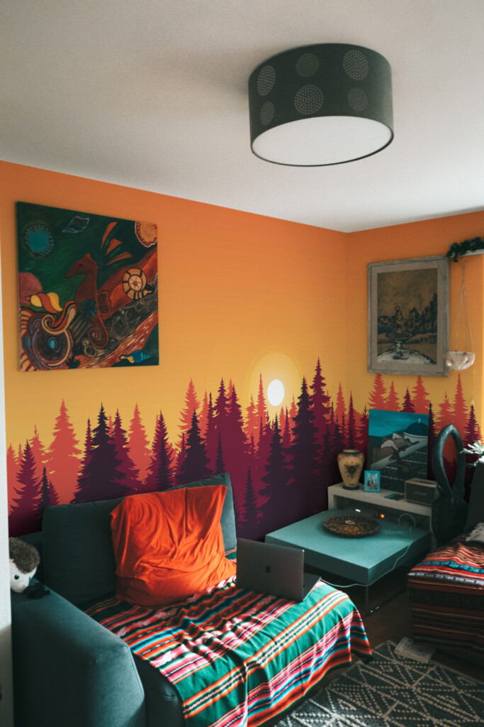 Peel and stick wall murals with a vibrant orange sunset glowing behind red pine tree silhouettes in nature style by Fancy Walls