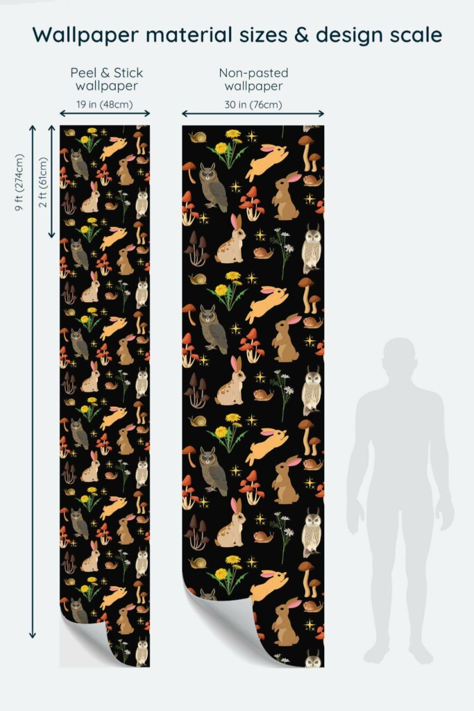 Size comparison of Forest woodland Peel & Stick and Non-pasted wallpapers with design scale relative to human figure