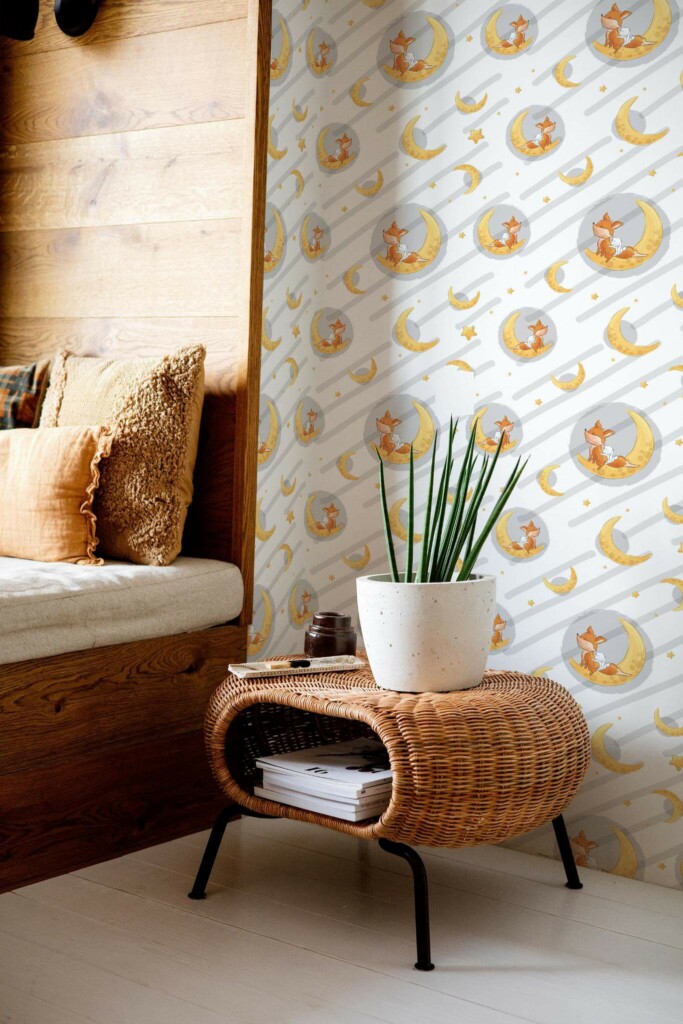 Mid-century modern style bedroom decorated with Fox bunny moon peel and stick wallpaper
