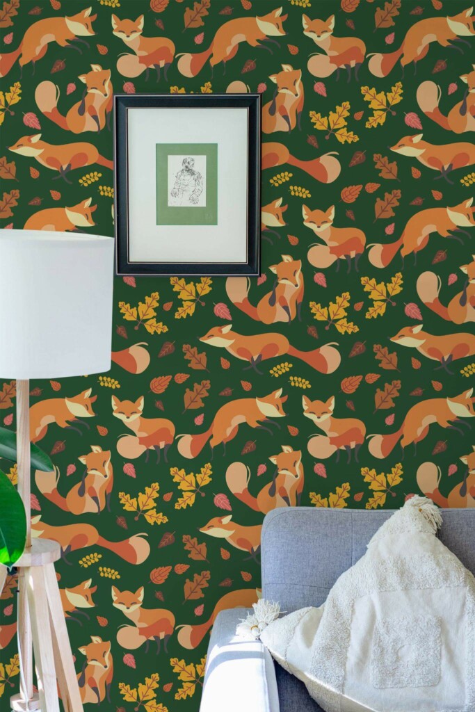 Eastern European style living room decorated with Foxes in the autumn peel and stick wallpaper