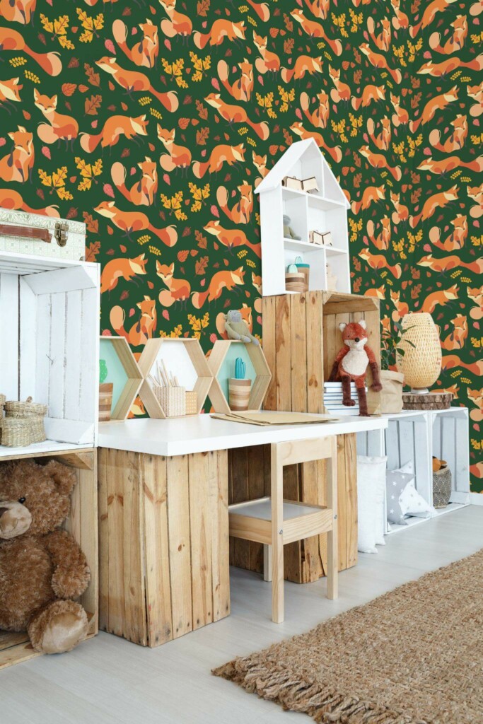 Farmhouse style kids room decorated with Foxes in the autumn peel and stick wallpaper