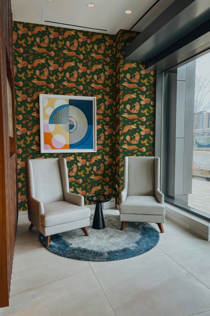 Mid-century-modern style living room decorated with Foxes in the autumn peel and stick wallpaper