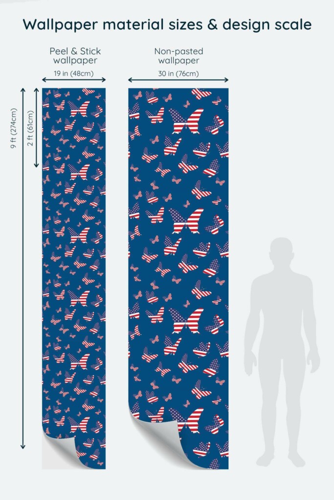 Size comparison of Freedom Flight Peel & Stick and Non-pasted wallpapers with design scale relative to human figure