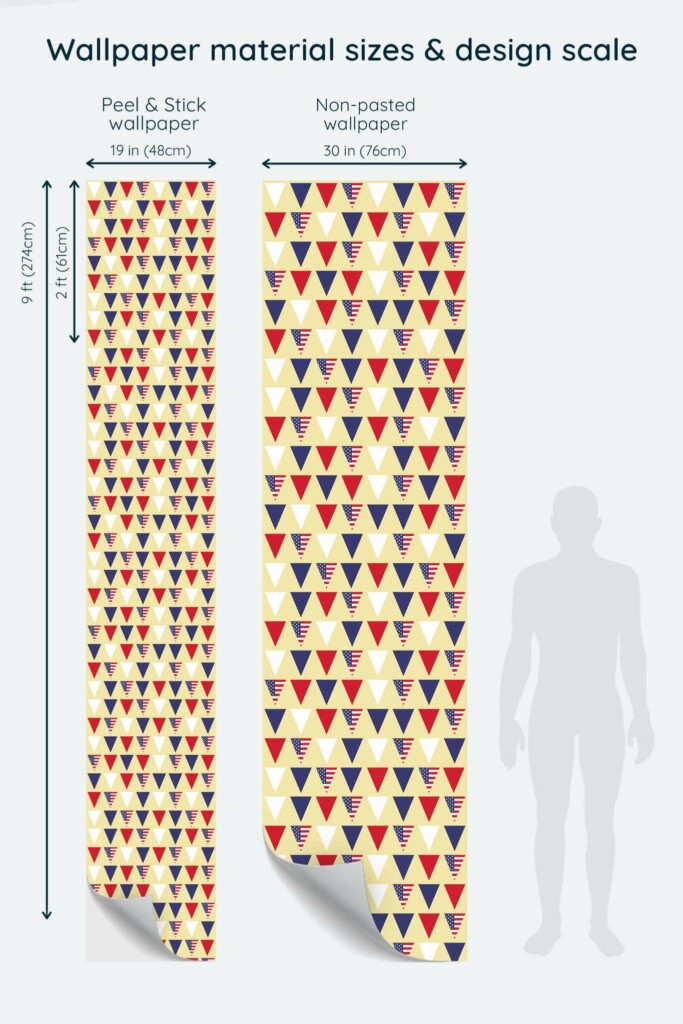 Size comparison of Freedom's Colorful Cascade Peel & Stick and Non-pasted wallpapers with design scale relative to human figure