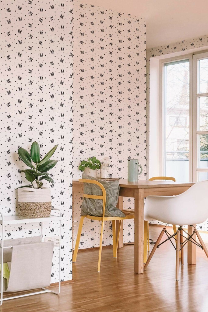 Minimal scandinavian style dining room decorated with French bulldog peel and stick wallpaper