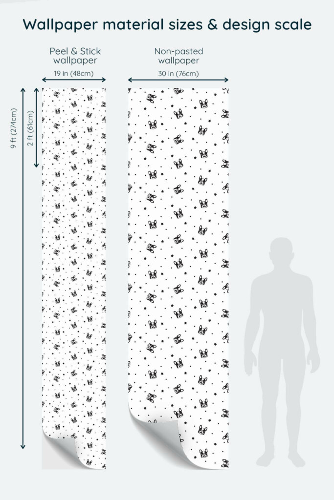 Size comparison of French bulldog Peel & Stick and Non-pasted wallpapers with design scale relative to human figure